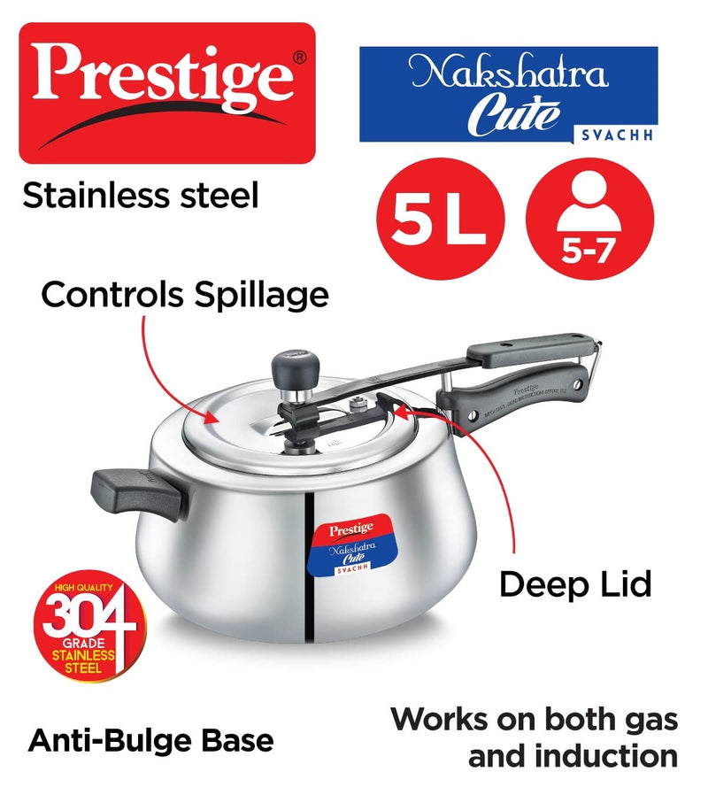 Prestige Nakshatra Cute Svachh Stainless Steel Inner Lid Pressure Cooker with Unique Deep Lid for Spillage Control 5 Litre Silver