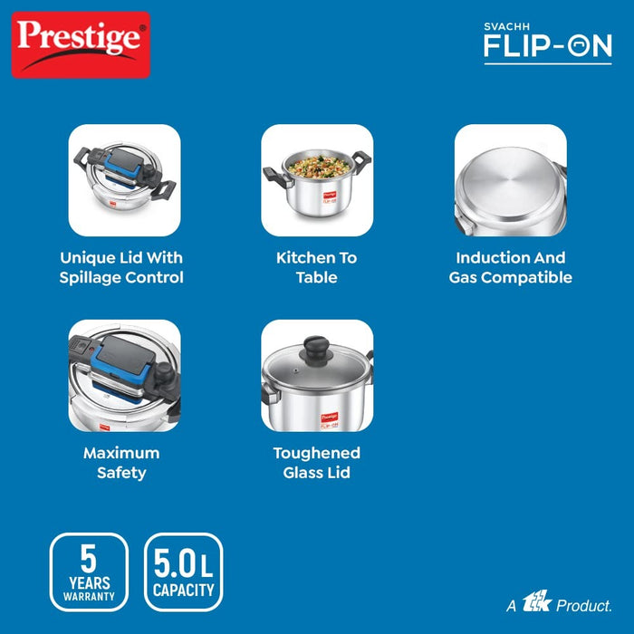 Prestige 5L Svachh FLIP-ON Stainless Steel Tri-ply bottom Pressure Cooker with glass lid, Innovative lock lid with spillage control, Gas & Induction compatible, 5 years warranty, Silver | Eachdaykart