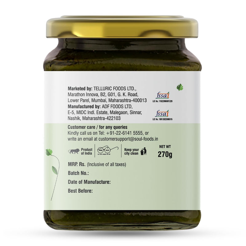 Soul Coriander Chutney in Olive Oil 270 Grams - A Flavorful Blend of Freshness and Spice