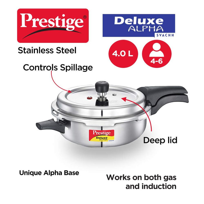 Prestige 4L Svachh Deluxe Alpha Senior Pressure Pan stainless steel|Outer lid|Ideal for 4-6 persons|Deep lid for spillage control|Gas & induction compatible|Silver|10 years warranty | Eachdaykart