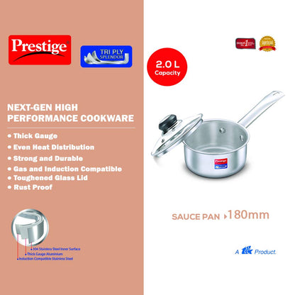 Prestige Tri Ply Splendor Sauce Pan, 180mm, 2 litres
