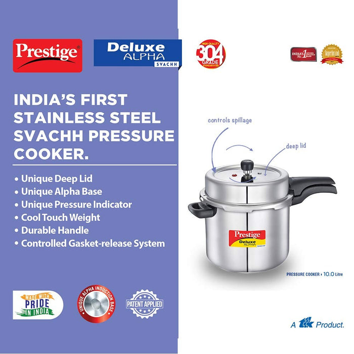 Prestige 10 litres svachh deluxe alpha induction base outer lid stainless steel pressure cooker