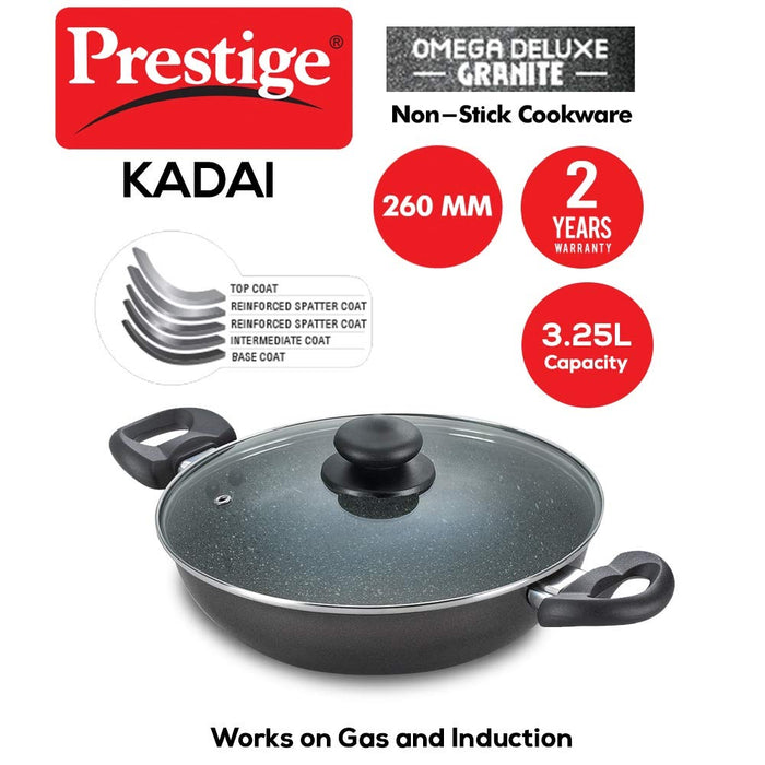 Prestige Omega Deluxe Granite Kadai | 3.25 L | Black