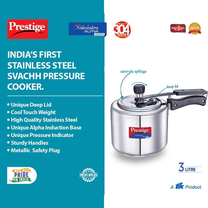 Prestige Svachh Nakshatra Alpha 3L Stainless Steel Pressure Cooker with Deep Lid