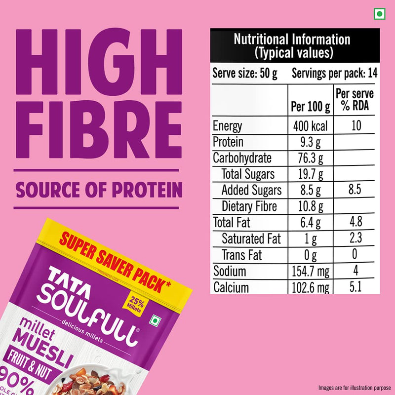 Tata Soulfull Millet Muesli Fruit & Nut, 90% Whole Grains, High Fibre & Protein, 700g/1kg