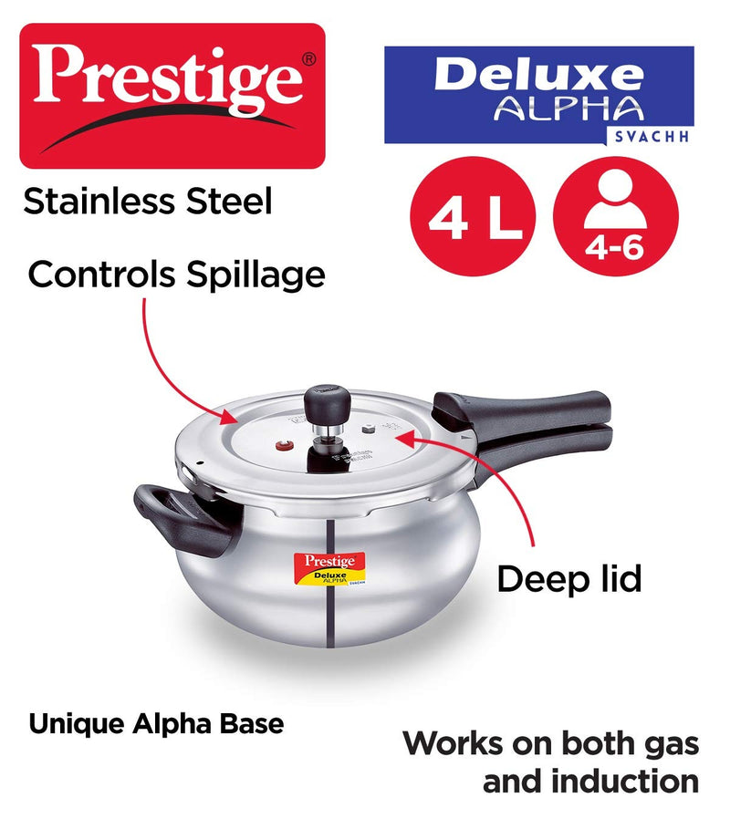 Prestige svachh alpha junior handi 4 litre with deep lid for spillage control stainless steel silver outer lid
