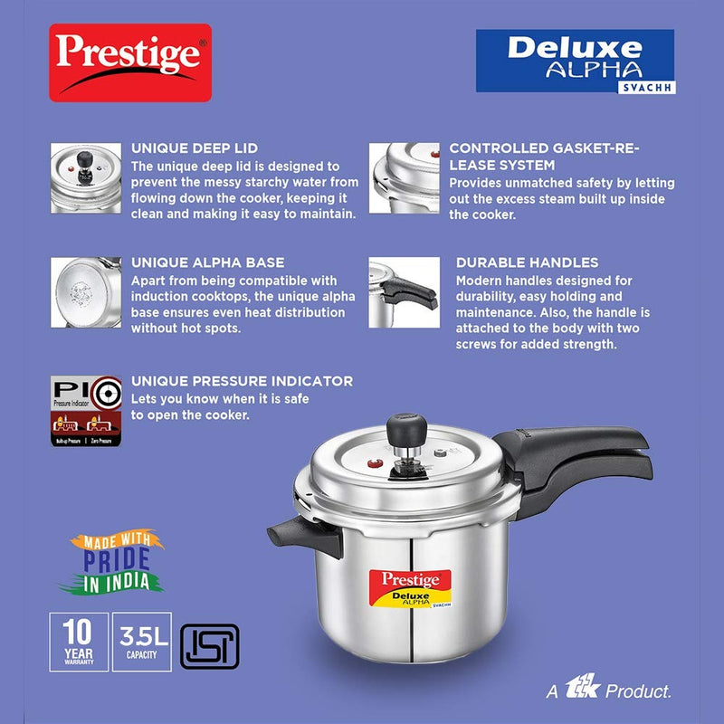 Prestige Svachh Deluxe Alpha Induction Base Outer Lid Stainless Steel Pressure Cooker | Deep Lid controls spillage | 3.5 Litres | Silver | Pressure Indicator | Straight Wall | Gasket-Release System | Eachdaykart