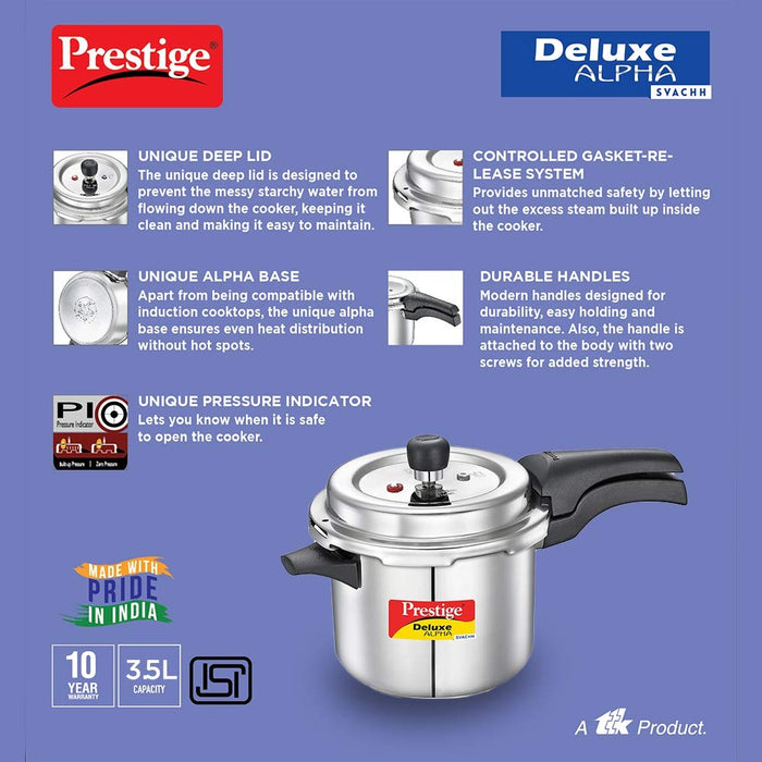 Prestige Svachh Deluxe Alpha Induction Base Outer Lid Stainless Steel Pressure Cooker | Deep Lid controls spillage | 3.5 Litres | Silver | Pressure Indicator | Straight Wall | Gasket-Release System | Eachdaykart