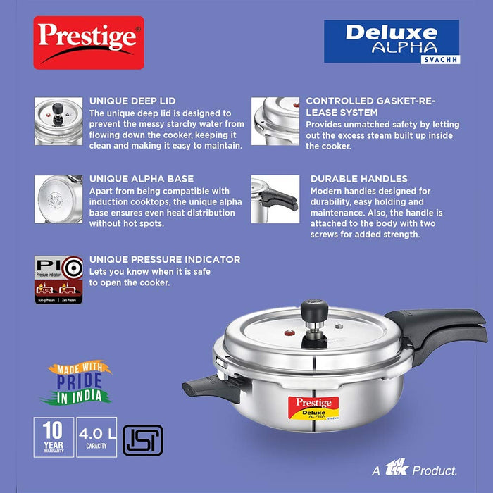 Prestige 4L Svachh Deluxe Alpha Senior Pressure Pan stainless steel|Outer lid|Ideal for 4-6 persons|Deep lid for spillage control|Gas & induction compatible|Silver|10 years warranty | Eachdaykart