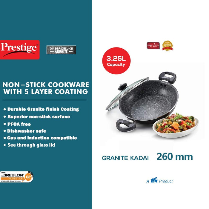 Prestige Omega Deluxe Granite Kadai | 3.25 L | Black