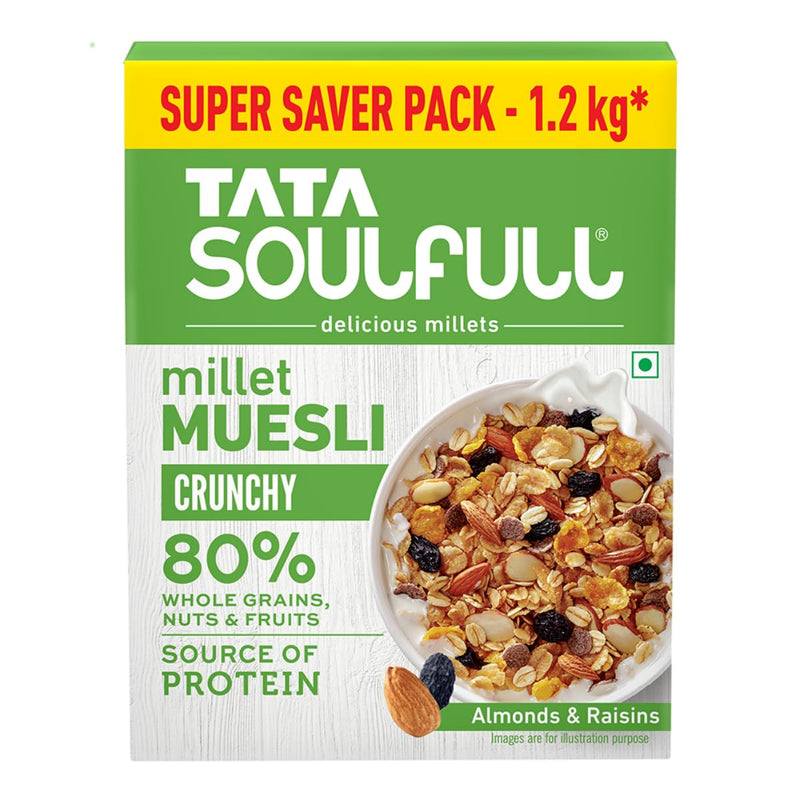 Tata Soulfull Millet Muesli Crunchy 1.2kg 80% Whole Grains Almonds Raisins