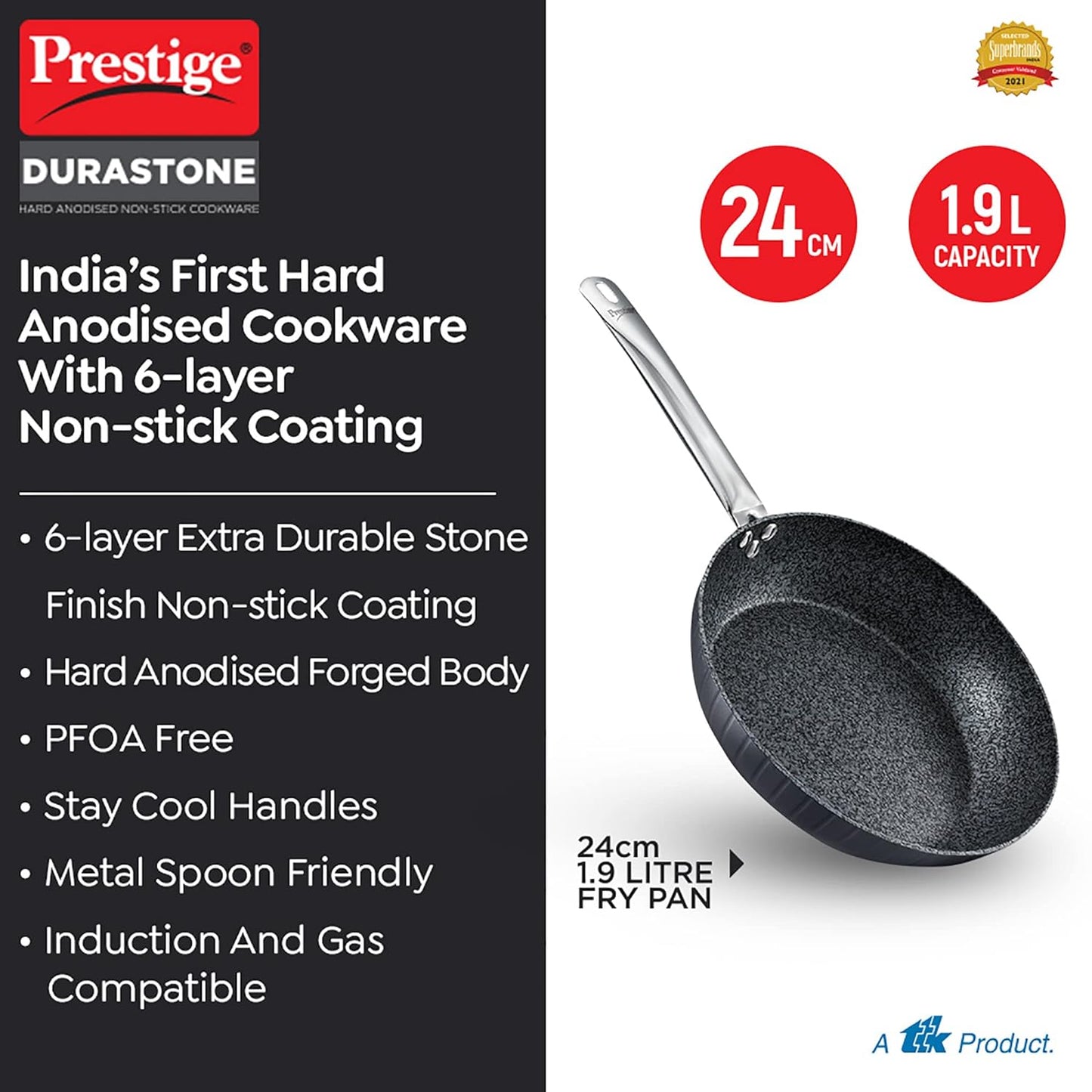 Prestige Durastone Hard Anodised 6 Layer Non-Stick Fry Pan 24 cm