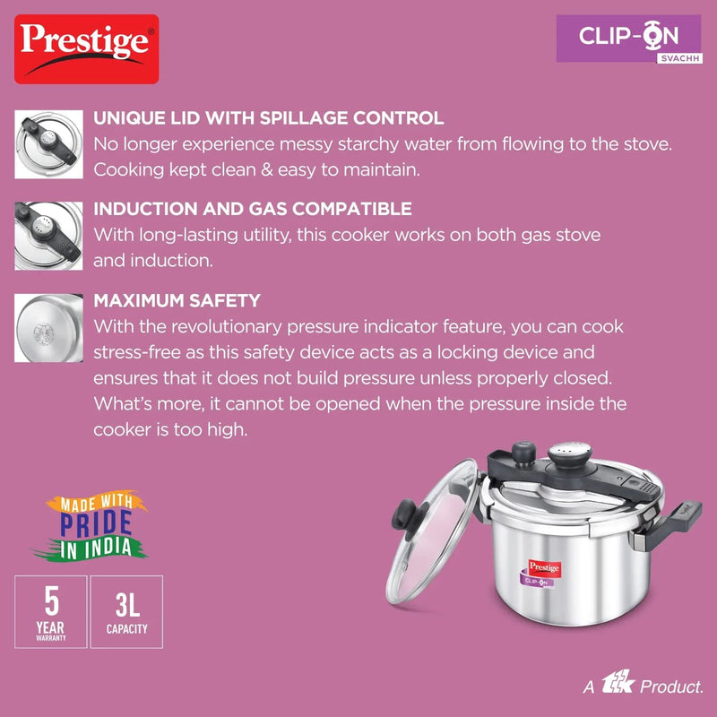 Prestige 5 Litre Svachh Clip-on Induction Base Outer Lid Stainless Steel Pressure Cooker