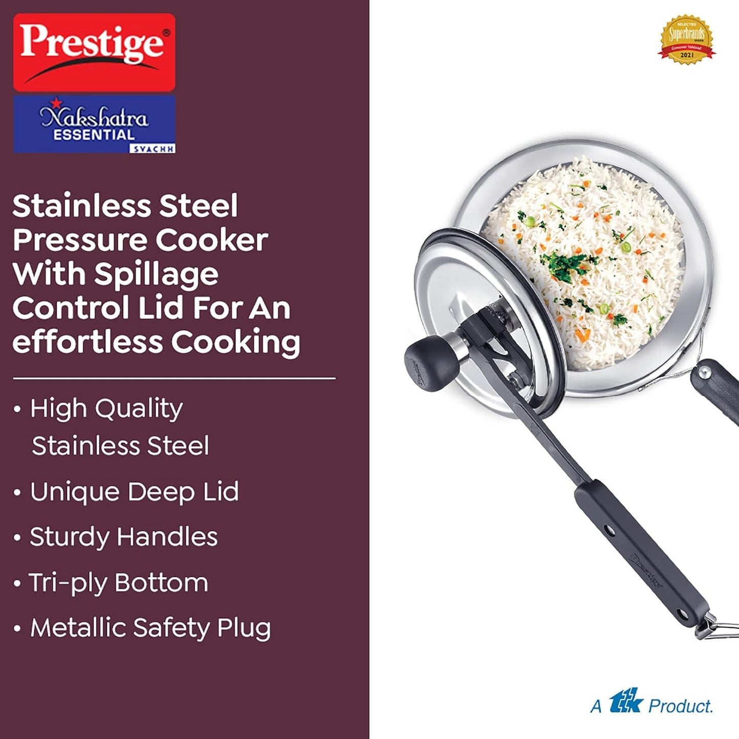 Prestige Nakshatra Essential Svachh Stainless Steel Pressure Cookers(3L, Silver, Tri-Ply Bottom, Inner Lid) | Eachdaykart