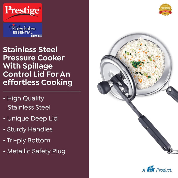 Prestige Nakshatra Essential Svachh Stainless Steel Pressure Cookers(5L, Silver, Tri-Ply Bottom, Inner Lid) | Eachdaykart