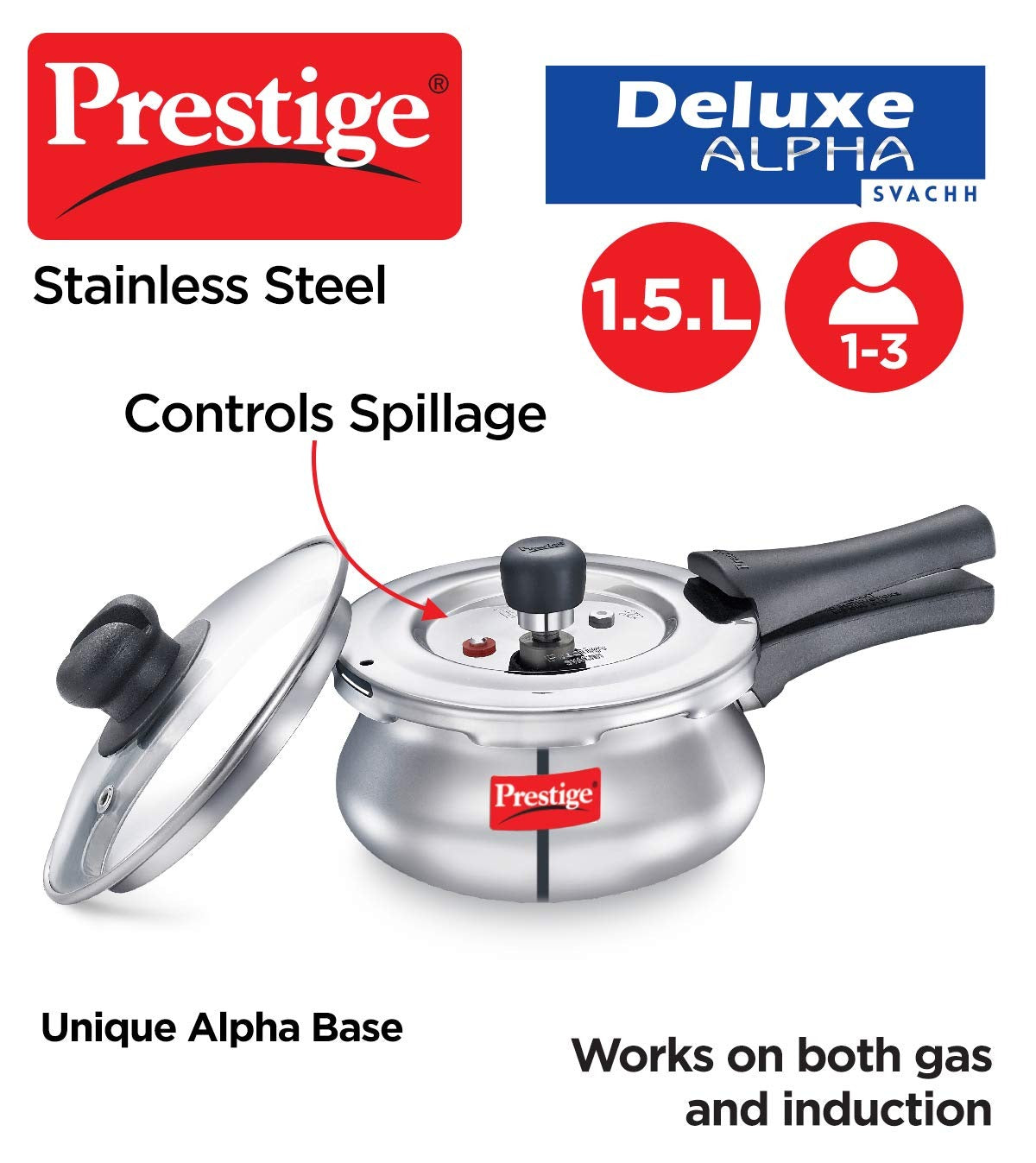 Prestige Deluxe Alpha Svachh Stainless Steel Outer Lid Pressure Cooker 1.5L with Glass Lid (With Deep Lid For Spillage Control)