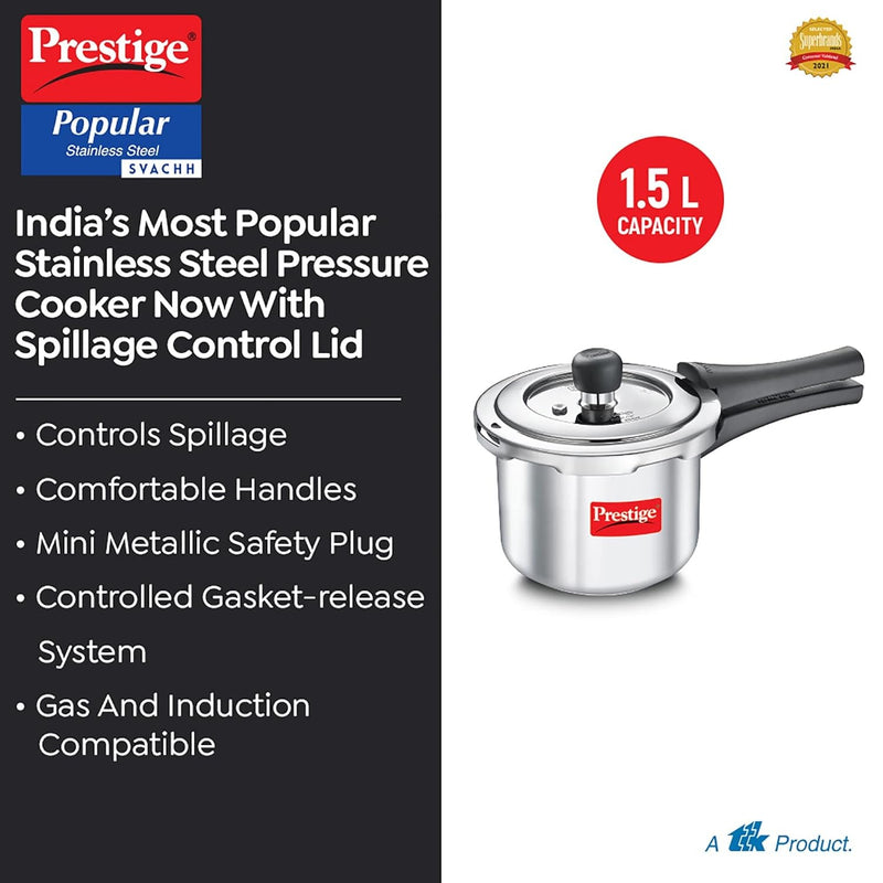Prestige Svachh Popular Spillage Control Stainless Steel Outer Lid Pressure Cooker, 1.5L (Silver)