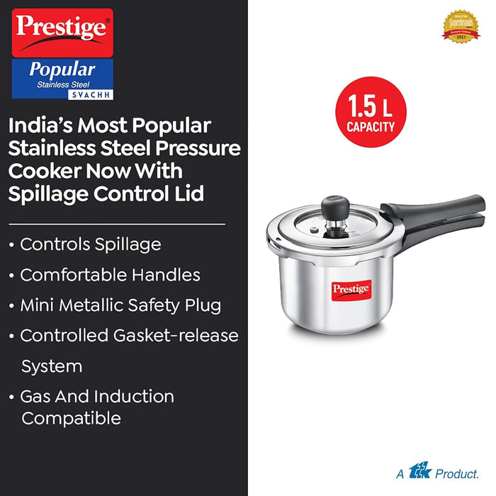 Prestige Svachh Popular Spillage Control Stainless Steel Outer Lid Pressure Cooker, 1.5 L (Silver)