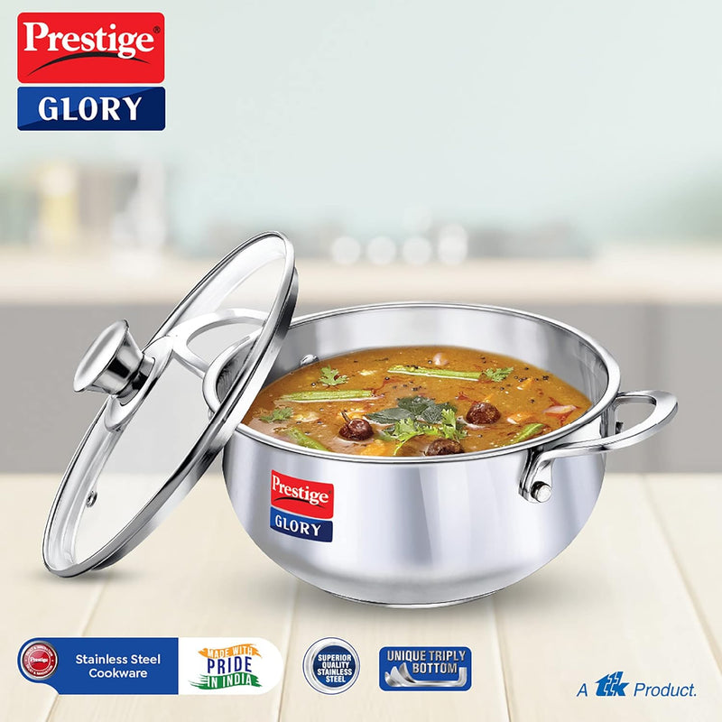 Prestige Glory Stainless Steel Cookware Kadai 22 Cm / 3.5 Liter with Glass Lid