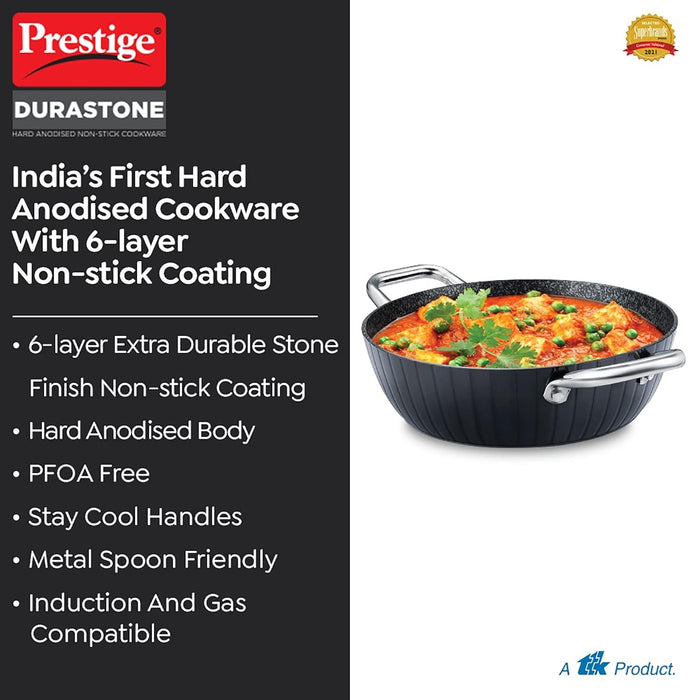 Prestige Durastone Hard Anodised 6 Layer Non-Stick Kadai with Glass Lid, (28 cm, 3.8 Litre) (Black)