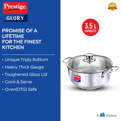 Prestige Glory Stainless Steel Cookware Kadai 22 Cm / 3.5 Liter with Glass Lid