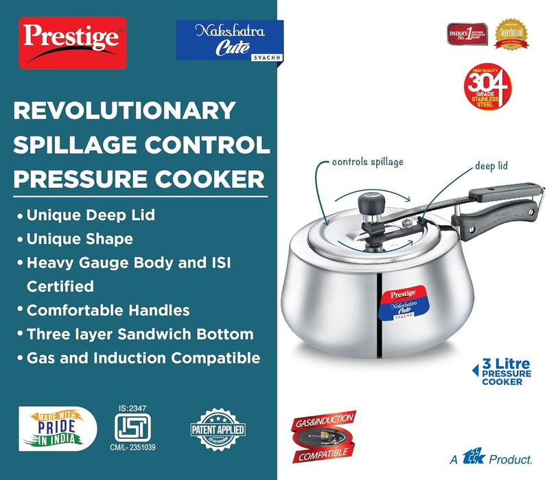 Prestige Nakshatra Cute Svachh Stainless Steel Inner Lid Pressure Cooker with Unique Deep Lid for Spillage Control 3 Litre Silver