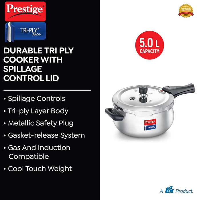 Prestige Stainless Steel Svachh Tri-Ply Handi Pressure Cooker 5 Litre, 5 Liter,Silver | Eachdaykart