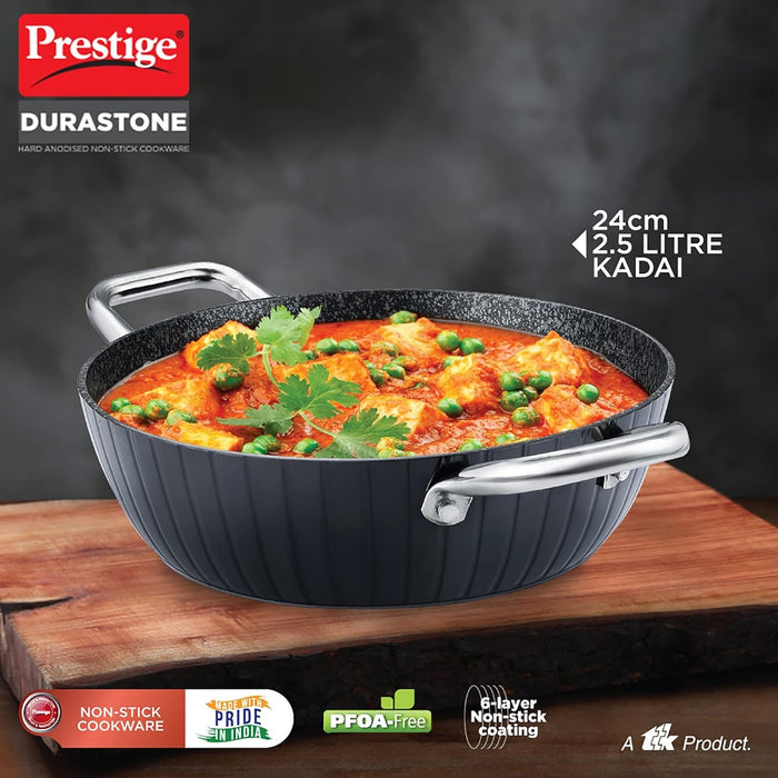 Prestige Durastone Hard Anodised 6 Layer Non-Stick Kadai with Glass Lid, (28 cm, 3.8 Litre) (Black)