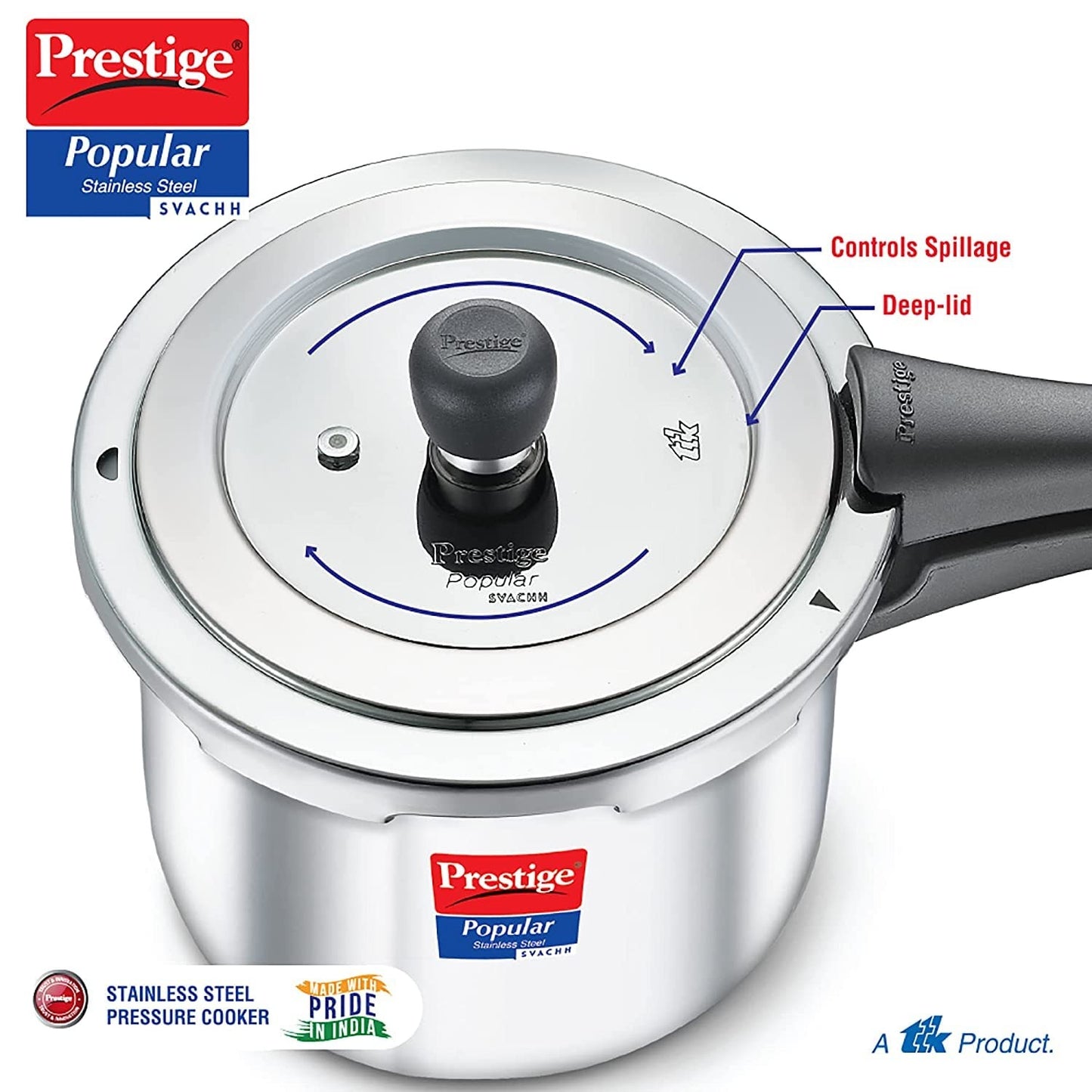 Prestige Popular Svachh Stainless Steel Outer Lid Pressure Cooker 2.0 L, 2 Liter | Eachdaykart