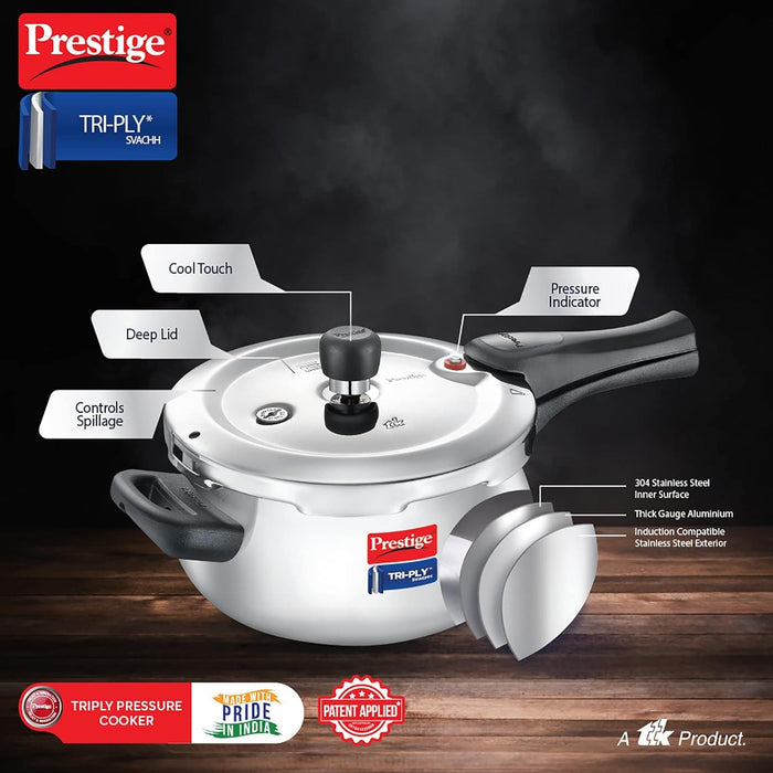 Prestige Stainless Steel Svachh Tri-Ply Handi Pressure Cooker 3 Litre, 3 Liter,Silver | Eachdaykart