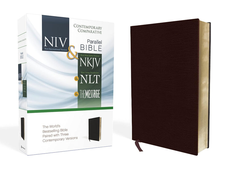 Holy Bible: NIV, NKJV, NLT & The Message – Contemporary Comparative Parallel Bible (Burgundy Bonded Leather)