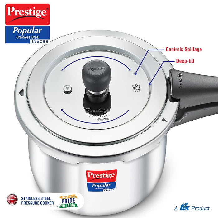 Prestige Popular Svachh Spillage Control Stainless Steel Outer Lid Pressure Cooker, 5 L (Silver) | Eachdaykart