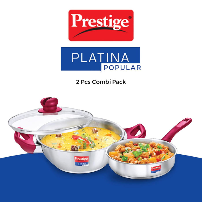 Prestige Stainless Steel Platina Popular Gas Compatible Fry Pan, 24 Cm (2.25 L) + Platina Popular Kadai with Glass Lid, 24 Cm (2.8 L) Kitchen Set