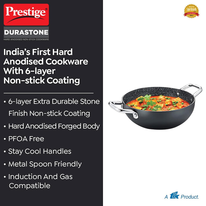 Prestige Durastone Hard Anodised Non-Stick Cookware Deep Kadai 24Cm (3 Litre) with Glass Lid,Black