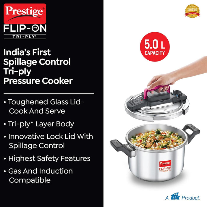 Prestige FLIP-ON TRI-PLY Stainless Steel Pressure Cooker with Glass Lid 22cm(5L, Silver and Black, Innovative Lock Lid with Spillage Control) | Eachdaykart