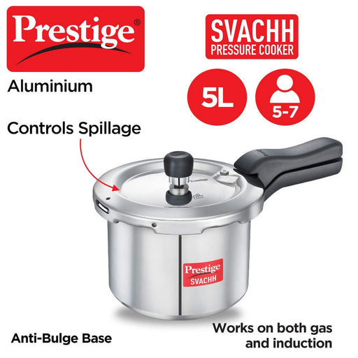 Prestige Svachh Aluminium Outer Lid Pressure Cooker, With Spillage Control, 5L, Silver