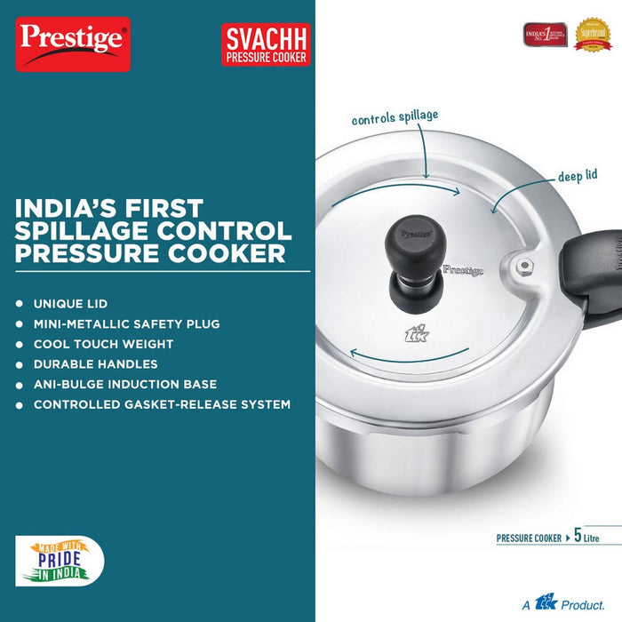 Prestige Svachh Aluminium Outer Lid Pressure Cooker 5 Litre Silver