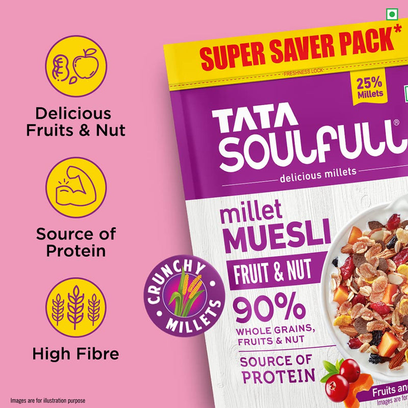Tata Soulfull Millet Muesli Fruit & Nut, 90% Whole Grains, High Fibre & Protein, 700g/1kg