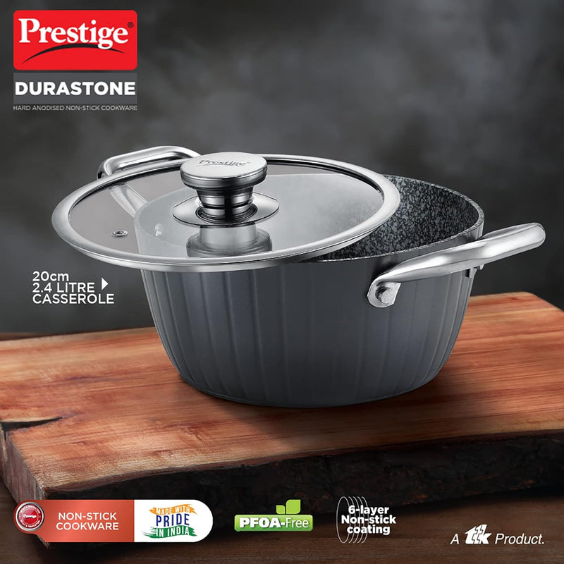 Prestige Durastone Hard Anodised 6 Layer Non-Stick Casserole with Glass Lid, (20 cm, 2.4 Litre, Black)