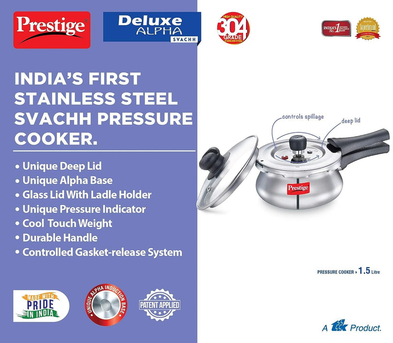 Prestige svachh popular spillage control stainless steel outer lid pressure cooker 1.5l silver