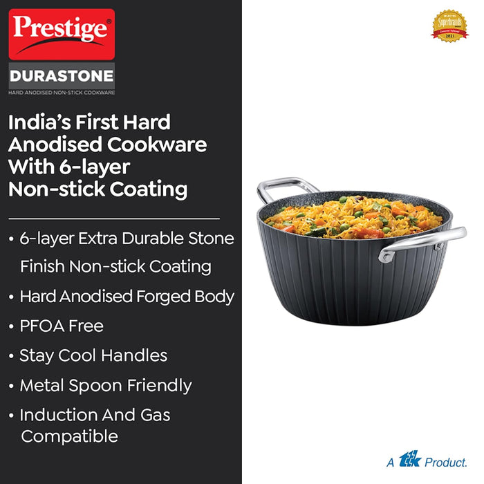 Prestige Durastone Hard Anodised 6 Layer Non-Stick Casserole with Glass Lid, (24 cm, 4 Litre) (Black)