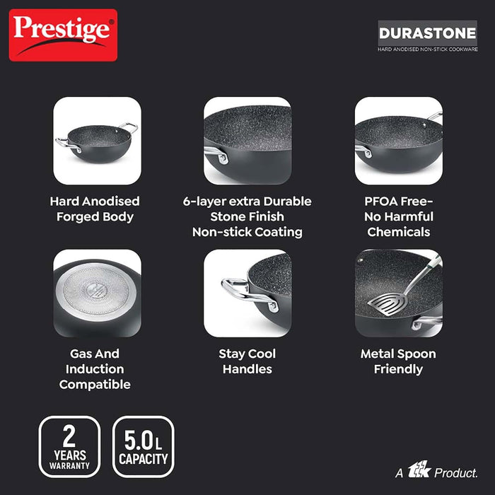 Prestige Durastone Hard Anodised 5L Non-Stick deep Kadai 30cm with Glass lid