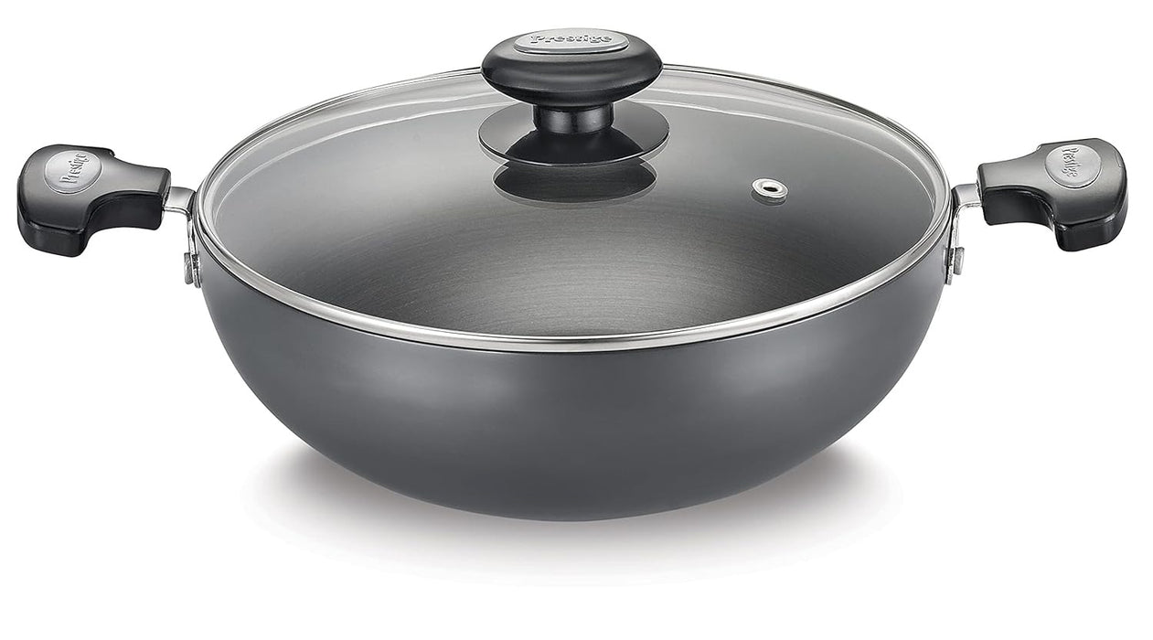 Prestige Hard Anodised Plus Gas and Induction Compatible Kadai with Glass Lid, 200 mm (Black)