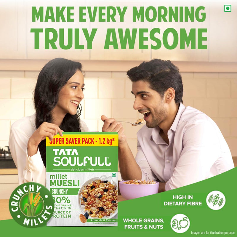 Tata Soulfull Millet Muesli Crunchy 1.2kg 80% Whole Grains Almonds Raisins