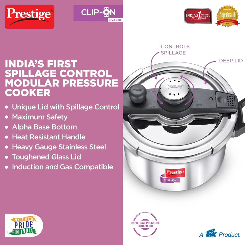 Prestige 5 Litre Svachh Clip-on Induction Base Outer Lid Stainless Steel Pressure Cooker