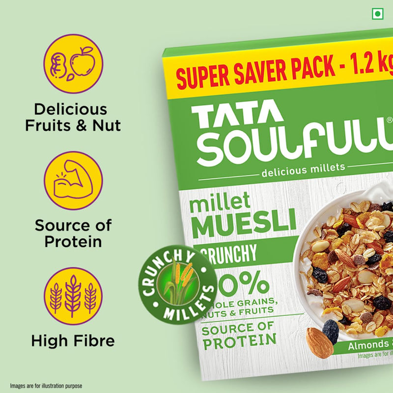 Tata Soulfull Millet Muesli Crunchy 1.2kg 80% Whole Grains Almonds Raisins