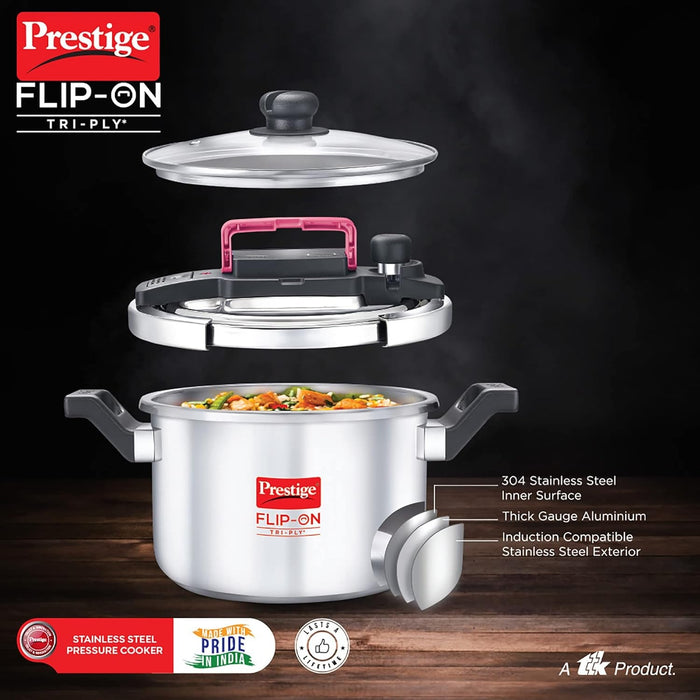 Prestige FLIP-ON TRI-PLY Stainless Steel Pressure Cooker with Glass Lid 22cm(5L, Silver and Black, Innovative Lock Lid with Spillage Control) | Eachdaykart