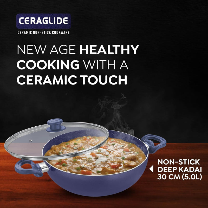 Prestige Ceraglide Ceramic Coated 5L(30cm) Non-Stick Kadai with Glass lid