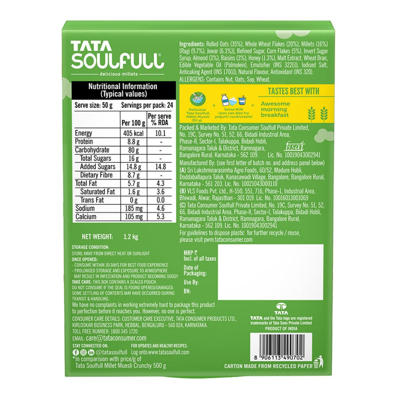 Tata Soulfull Millet Muesli Crunchy 1.2kg 80% Whole Grains Almonds Raisins