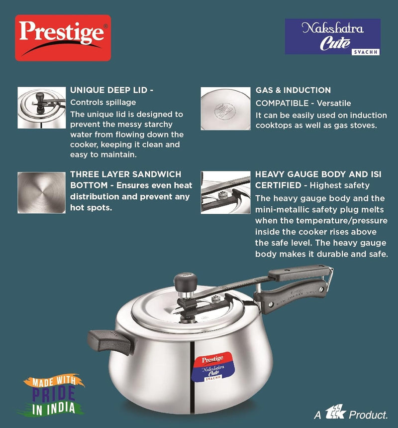 Prestige Nakshatra Cute Svachh Stainless Steel Inner Lid Pressure Cooker with Unique Deep Lid for Spillage Control 5 Litre Silver